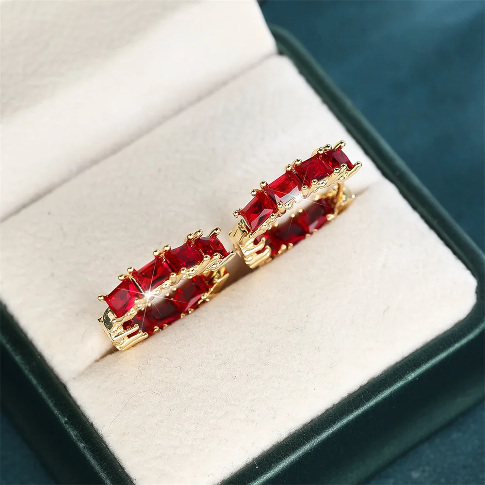 Red Crystal Rectangle Stone Round Hoop Earrings For Women Vintage Gold Color Ear Buckle Wedding Jewelry Bridal Engagement Gifts