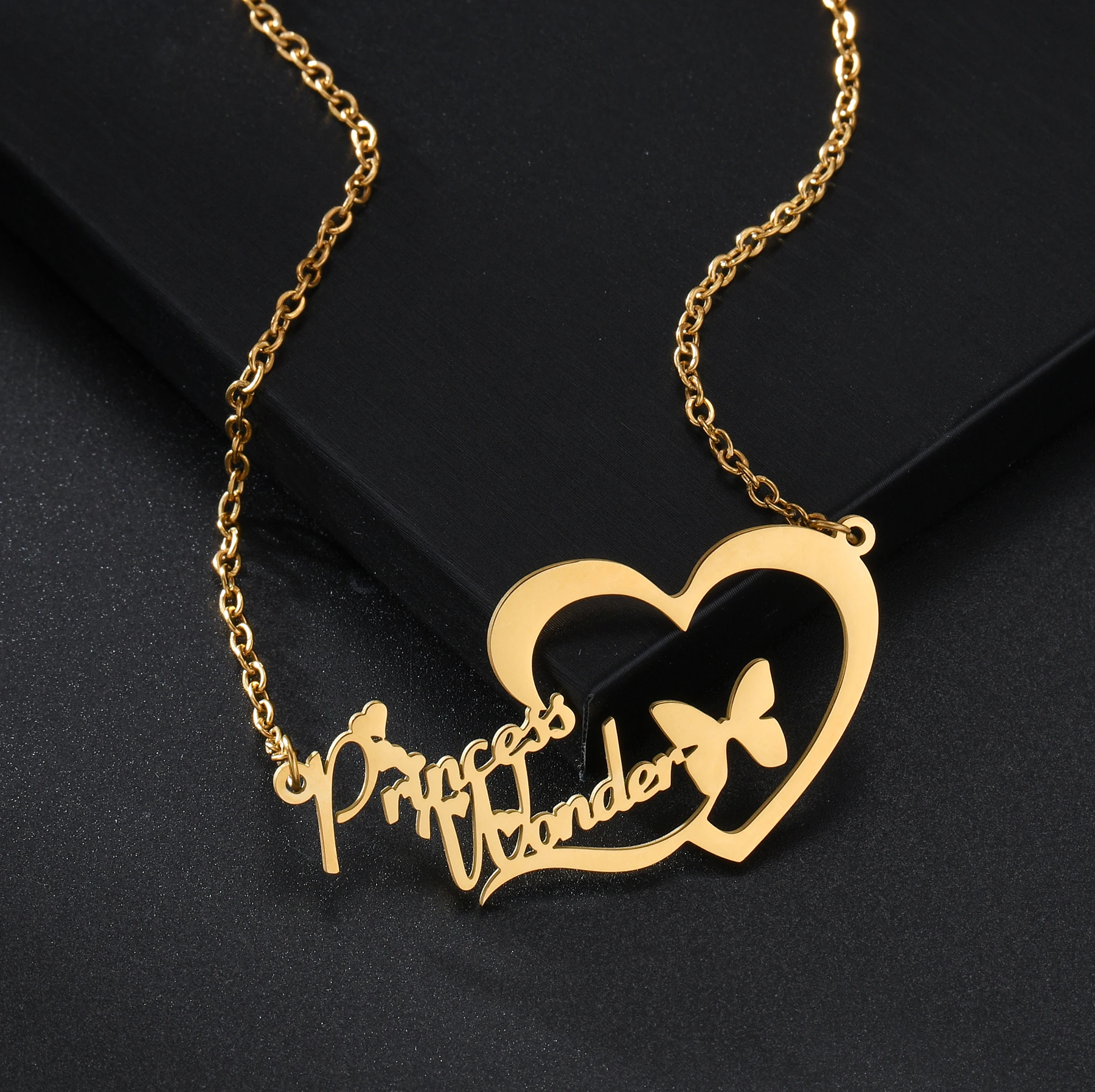 Customized Name Big Heart Necklace for Women Stainless Steel Personalized Letter Butterfly Pendant Collar Christmas Jewelry Gift