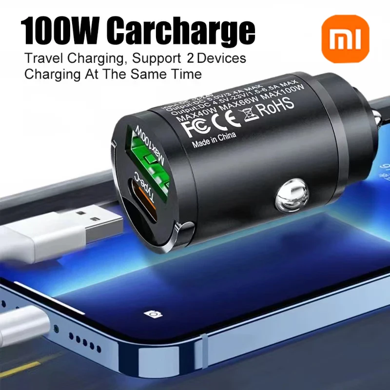 Xiaomi 100W USB-Autoladegerät Dual Ports Schnelllade-Autotelefon-Ladegerät QC 3.0 Typ-C-Ladegerät im Auto für iPhone Samsung Huawei