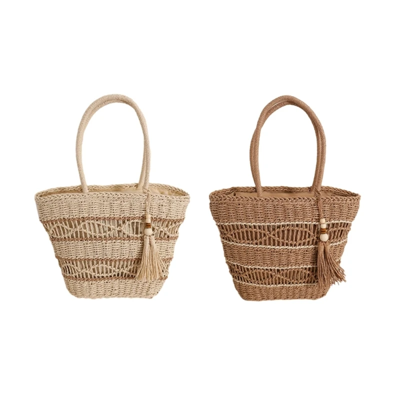 

Bucket Bags Vintage TasselBeach Bag Straw Woven Shoulder Bag Lady Purse Hollow Out Handbag for Women Girl Travel Bag