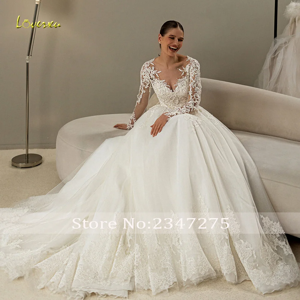 Loverxu A-lijn Elegante Trouwjurken V-hals Lange Mouw Vestido De Novia Kant Lovertjes Prinses Custom Made Robe De Mariee