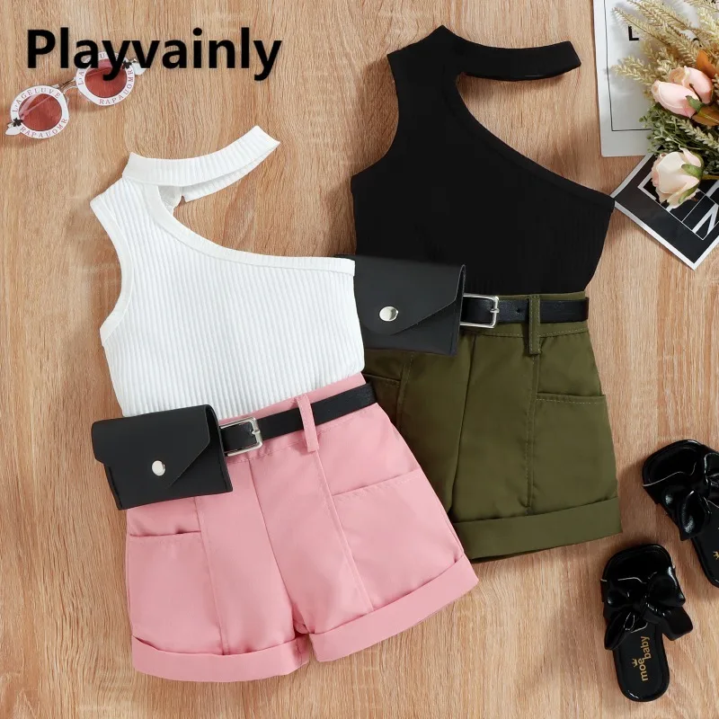

2026 New Summer Girls White Black Off Shoulder Ribbed Tank Top+ Pink Green Cargo Shorts with Belt Casual Children Clothes D1357