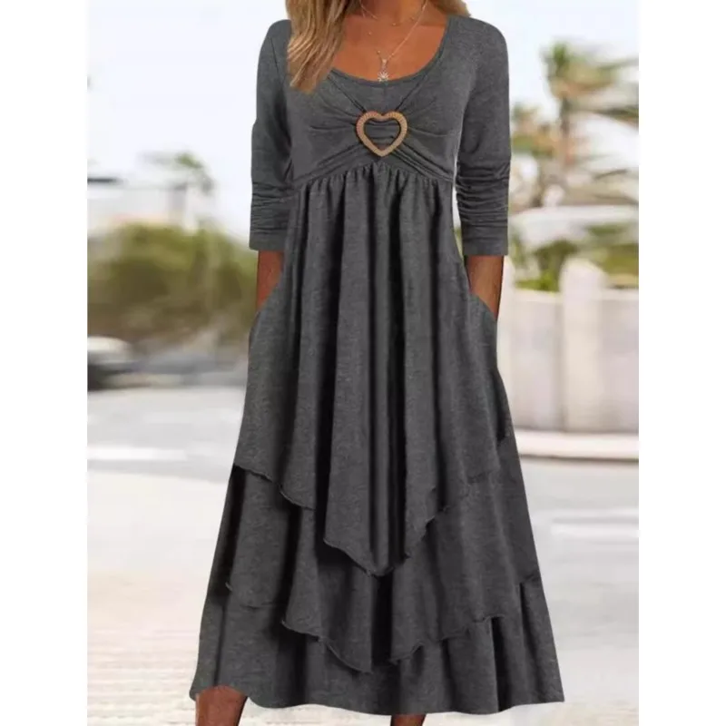 Feminino elegante multi camadas emenda bolo bainha vestidos 2025 outono cintura alta manga longa feminino amor coração decoração bolso vestido