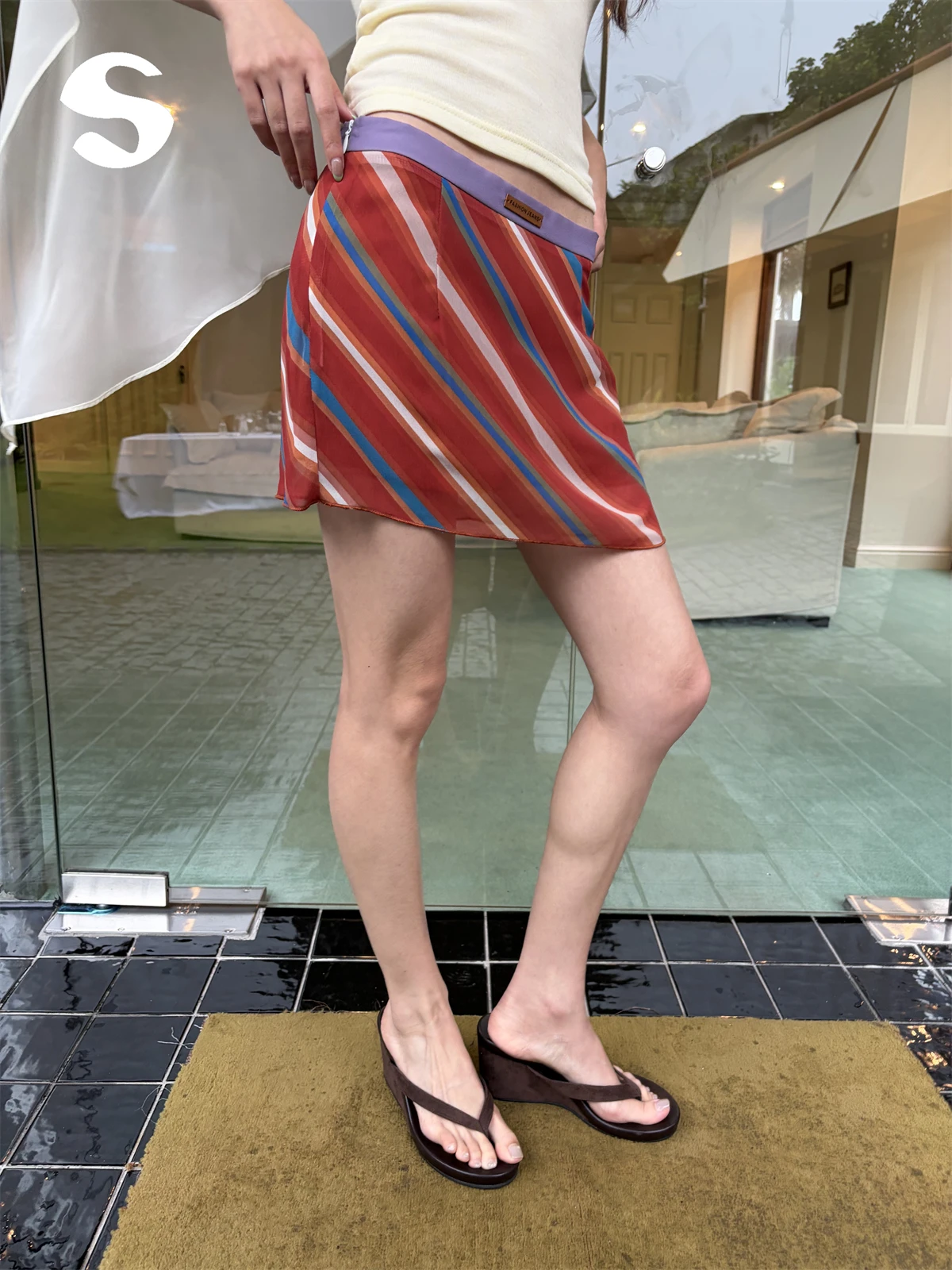Lightweight A-Line  Skirt Sleep at 11 Commute Style Color Block Striped Pattern Women's Skirt Vintage Summer Collection