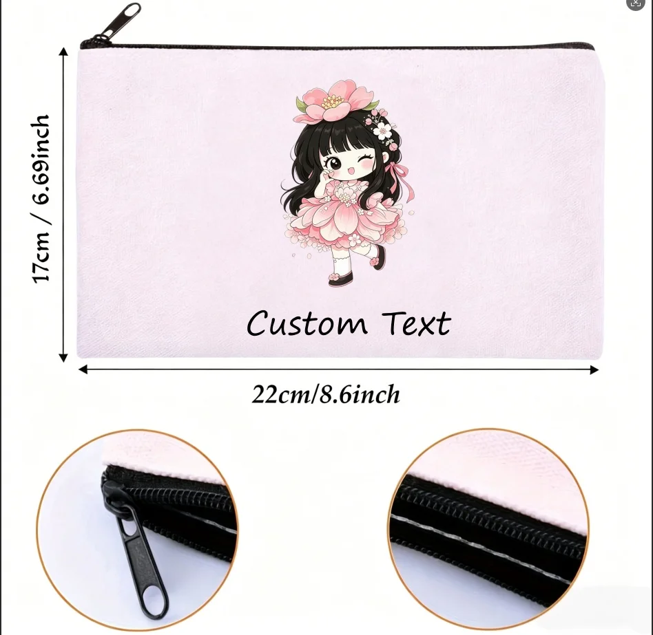 Custom Text Cute Flower Fairy Girl Canvas Makeup Bag Portable Zipper Cosmetic Pouch Travel Small Items Storage Purse For Women