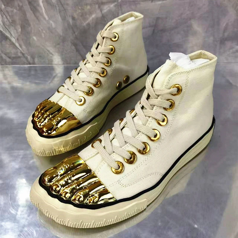 Gold Finger Casual Sneakers Men's Thick Soled Canvas Lace Up Flats Shoes for Women Spring Summer Outdoor High Top Couple Shoes