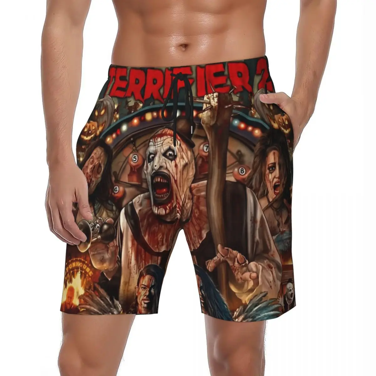 

Males Gym Shorts Terrifier Art The Clown Horror Movie Swimming Trunks Poster Quick Dry Running Surf Oversize Beach Short Pants