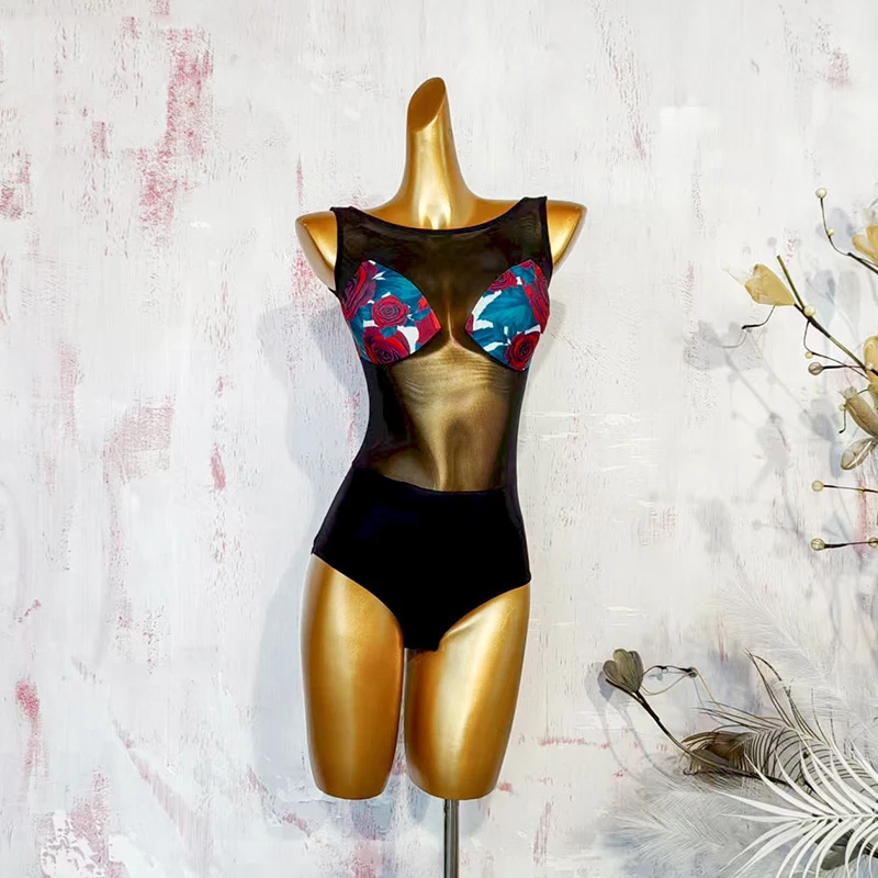 Kostium do tańca latynoamerykańskiego z nadrukiem róż, strój konkursowy, damski kombinezon z siateczki, spódnica z fiszbinami, ubrania do występów samby DN21427