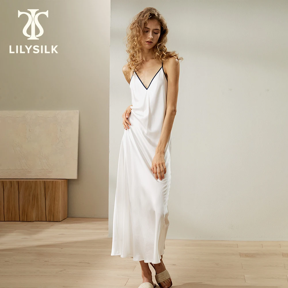 LILYSILK Silk Maxi Nightgown 22 Momme Contrast Piping Adjustable Strap Night Dress for Women Sexy Sleepwear Free Shipping