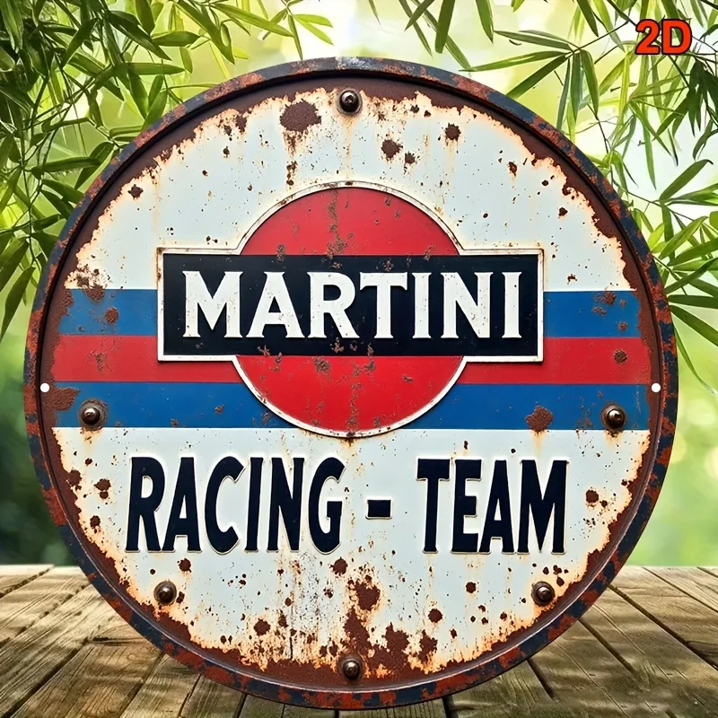 2D flaches 1-teiliges rundes Martini-Rennteam-Retro-Wandlogo aus Holz, rote, blaue und weiße Streifen, geeignet für Garage, Herrenhöhle – Detail 3