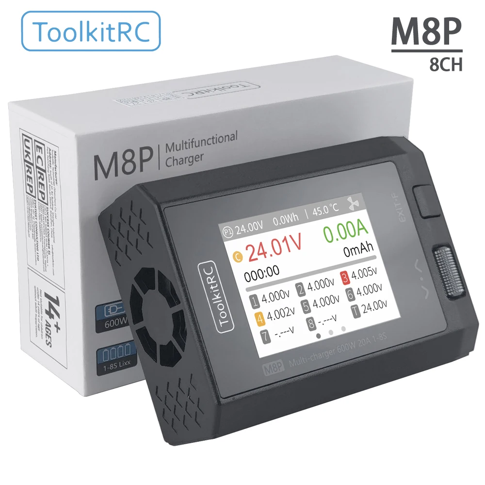 Carregador Inteligente ToolkitRC M8P 1-8S 600W 20A para Carros de Controle Remoto, Modelos de Aviação, Baterias de Lítio FPV, Carregamento Rápido