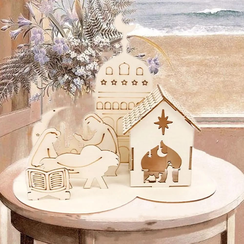

Decorative Wooden Castle Ornaments Removable Ramadan Table Ornaments Eid Mubarak DIY Craft Handmade Eid Mubarak Decor