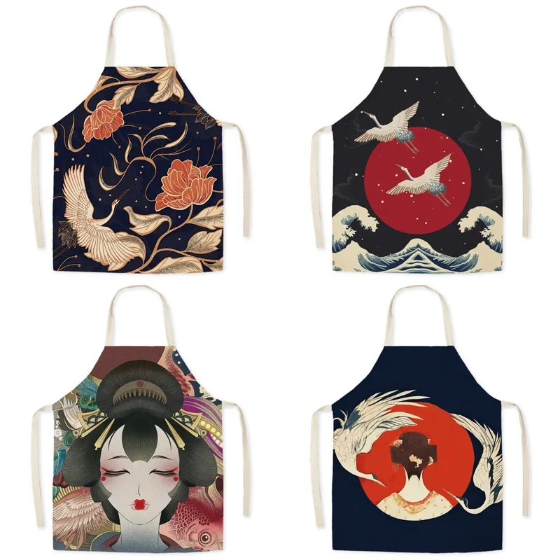 Japanese ukiyo-e linen apron Fuji household kitchen grease and stain proof cooking waist sleeveless blouse