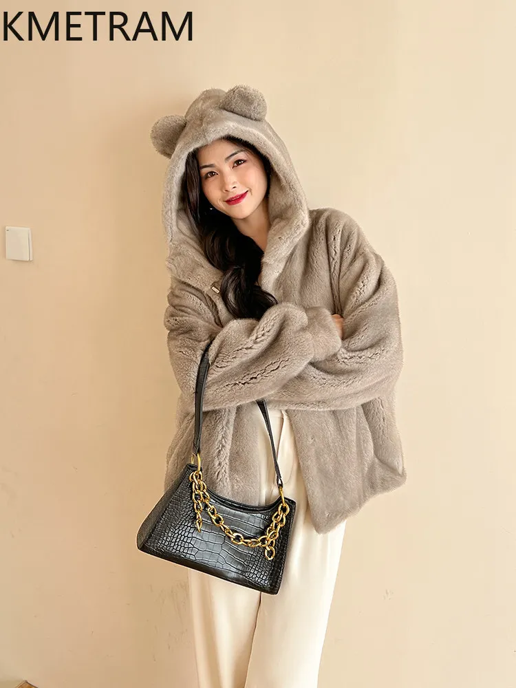 KMETRAM-Chaqueta de piel de visón natural para mujer, 100% de terciopelo morado, bonito abrigo corto de piel de visón auténtica con capucha, ropa de invierno para mujer, 2025