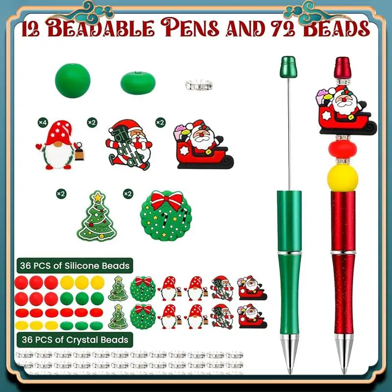 (신규)-크리스마스 구슬 펜, 크리스마스 학교 사무용품을 위한 12개 산타 모양 실리콘 스페이서가 있는 구슬 펜