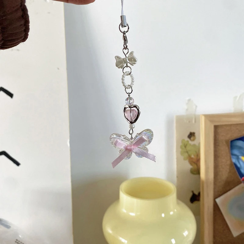 1pcs Korean Transparent Butterfly Phone Lanyard Girls Y2K Bow Heart Phone Chain For Girls Cute Sweet Mobile Phone Charm image 4