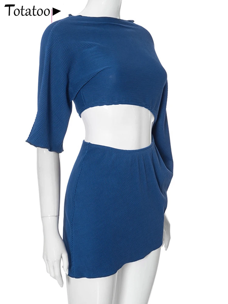 Totatoop Cut Out Batwing Ärmelloses Minikleid für Frauen 2024, Rundhalsausschnitt, gerafftes Kleid, Vintage-Party, Blau, Vestidos, Bürodame