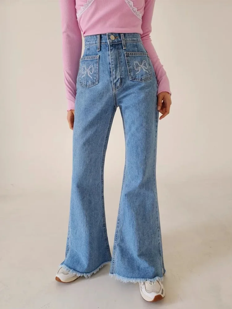 

Spring High Waist Bell Bot Denim Jeans Women's Chic Design Knot Slit Frayed Jeans Slimming Long Trousers