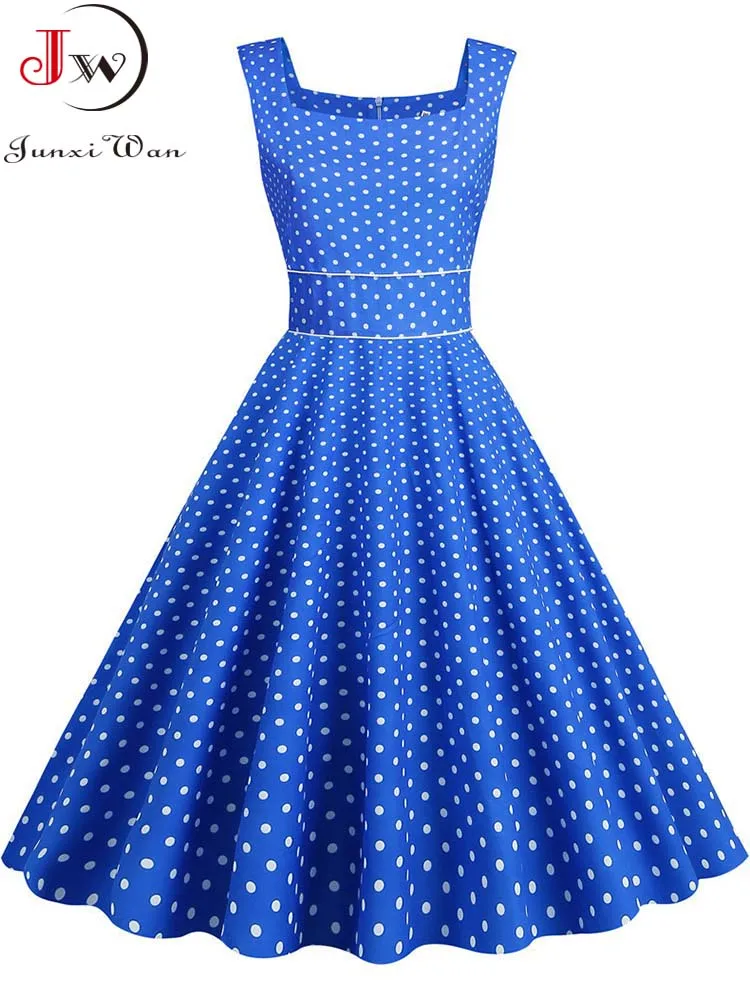 فساتين متوسطة الطول أنيقة للنساء صيفية بياقة مربعة فستان عتيق منقط بحزام سباغيتي عالي الخصر فستان صيفي للحفلات #4