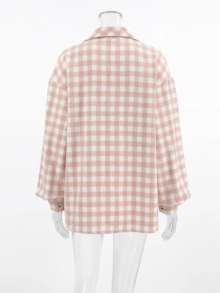 Mumaroho 2024 Winter Autumn Women Woolen Plaid Jacket Pink Long Sleeve Tops Outwear Coat For Women