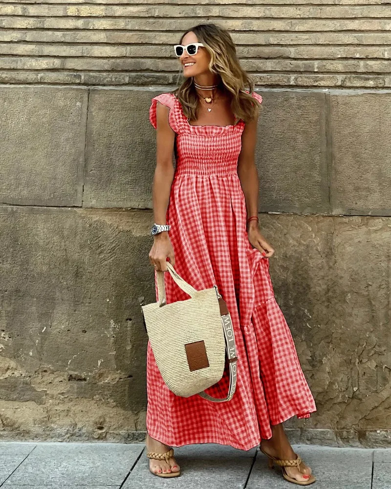 Elegant Temperament Plaid Patchwork Slip Boho Dress Summer Ruffle Backless Pleated Elastic Waist Swing Loose Party Dresses