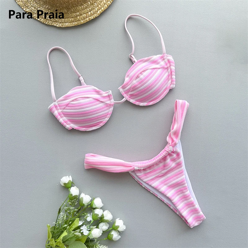 Maiô Para-brasileiro para mulheres, biquíni sexy, listrado, underwired, bandeau, conjunto de duas peças