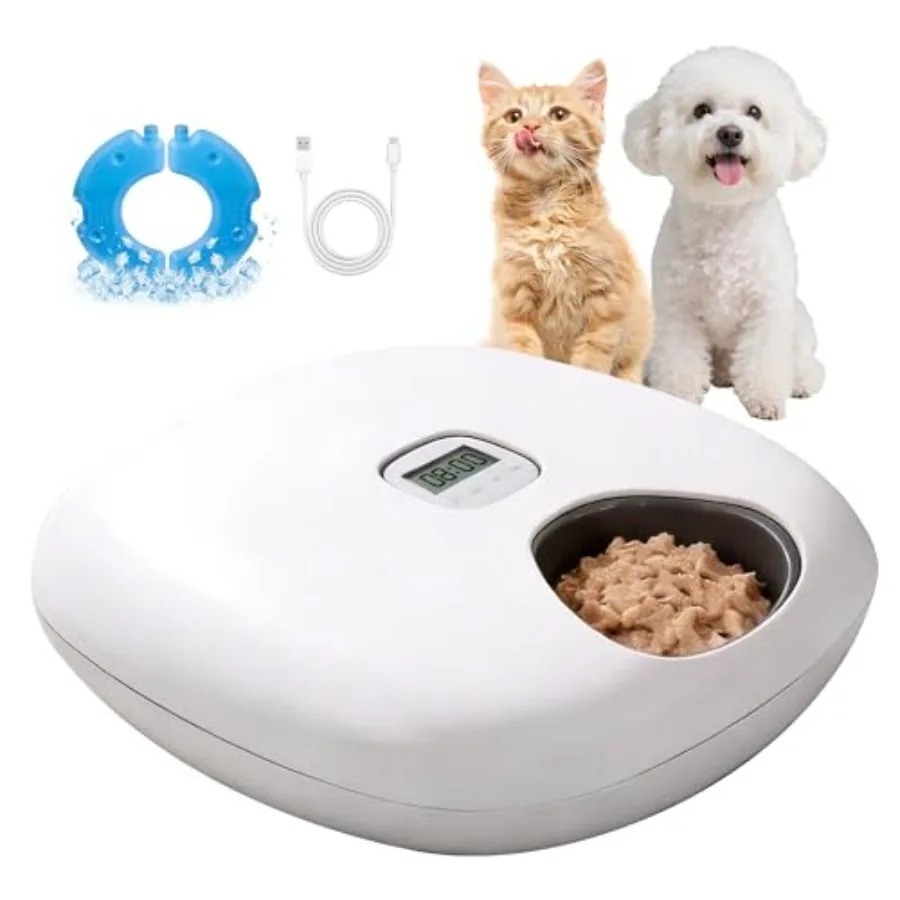 6-Meal Automatic Cat Feeder with Two Ice PacksCordless Rechargeable Cat Food Dispenser for Cats and Small Dogs Wet Food Auto Pe