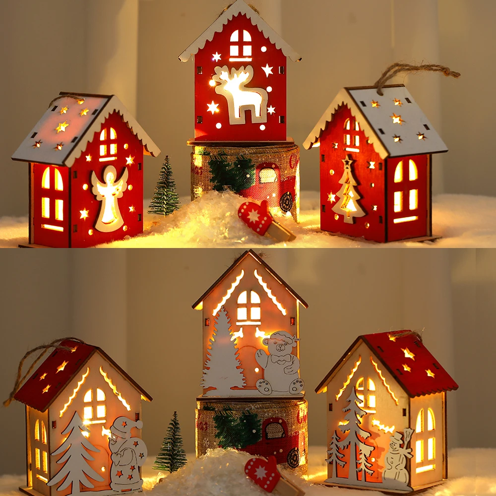 Christmas DIY Natural Wooden House Snowman Moose Christmas Tree Decoration Luminous Castle Lights New Year Gift Children's Toys