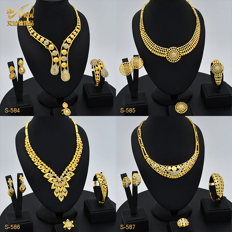 

ANIID African 4pcs Bridal Gold Plated Jewelry Sets Anniversary For Women Dubai Necklace Set Wedding Party Gift Accessories 24K