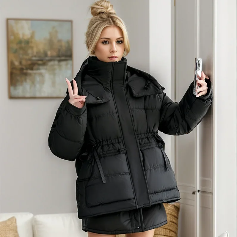 Jaqueta puffer monocromática com capuz para mulheres, gola, encaixe solto, jaqueta de algodão acolchoada, jaqueta grossa quente, inverno, elegante, 2024