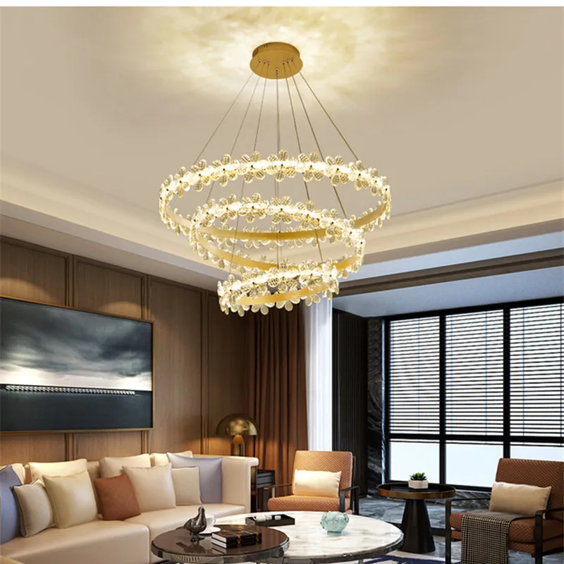 

Modern Light Luxury livingroom Hall Crystal Chandelier Art Circle Flowers Hotel Villa Decor Hanging Light Fixtures