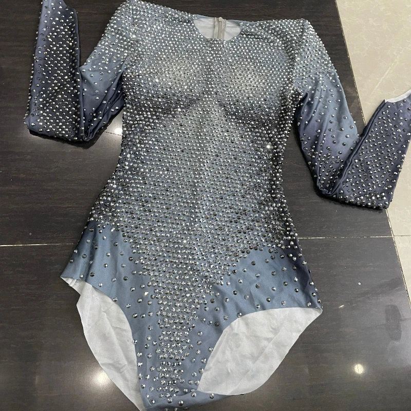 Glitzernde silberne Strass-Langarm-Stretch-Bodysuits 2025, neue Damen-Abend-Luxus-Geburtstagsfeier, sexy Nachtclub-Bühnenkostüm