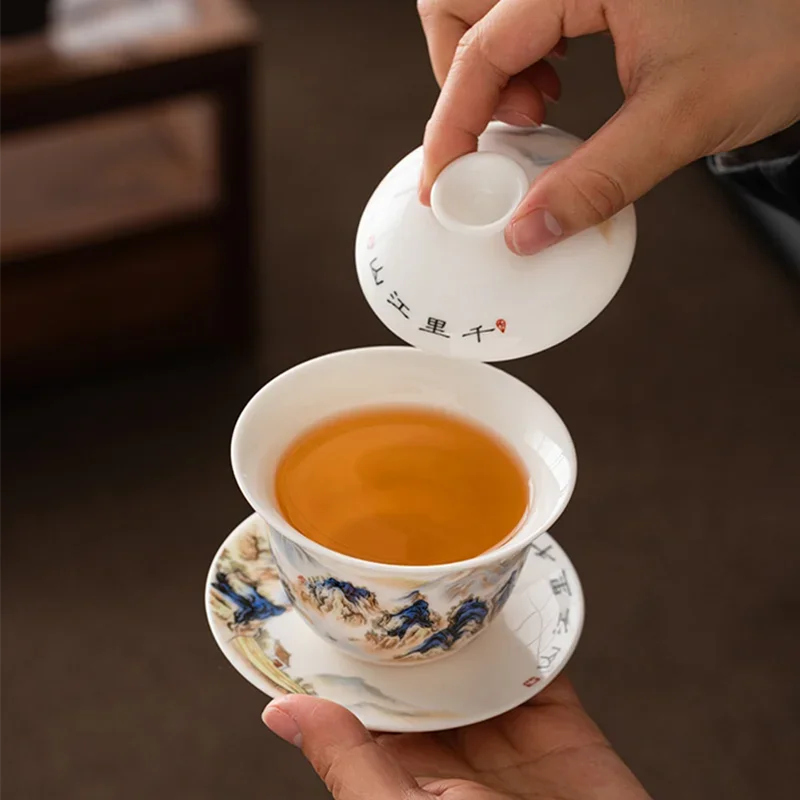Chinese Suede Jade White Porcelain Gaiwan Teacup Hand-painted Mountain Ceramic Tea Bowl Household Tea Infuser Handmade Teaware