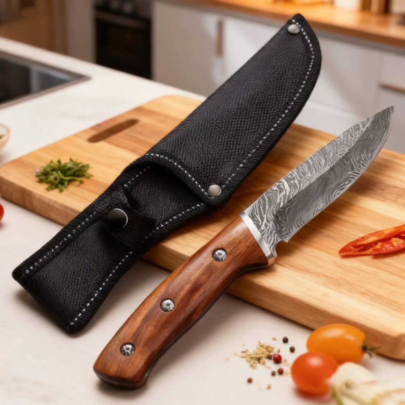 

Professional Damascus steel textured kitchen knife with knife cover Japanese boning knife cooking and cutting kitchen accessorie