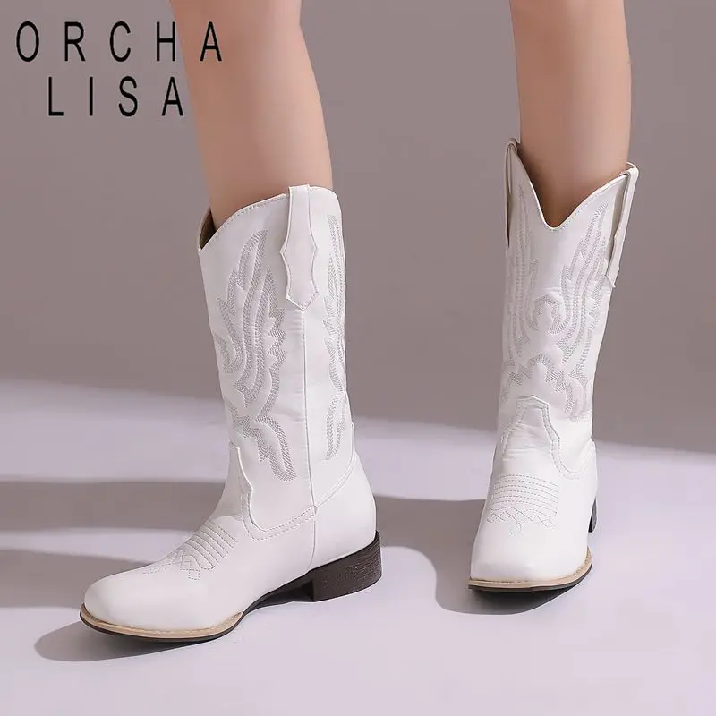 

ORCHA LISA 2025 New Design Women Western Boots Square Toe Thick Heels Mixed Color Embroider Big Size 46 47 48 Leisure Daily Bota