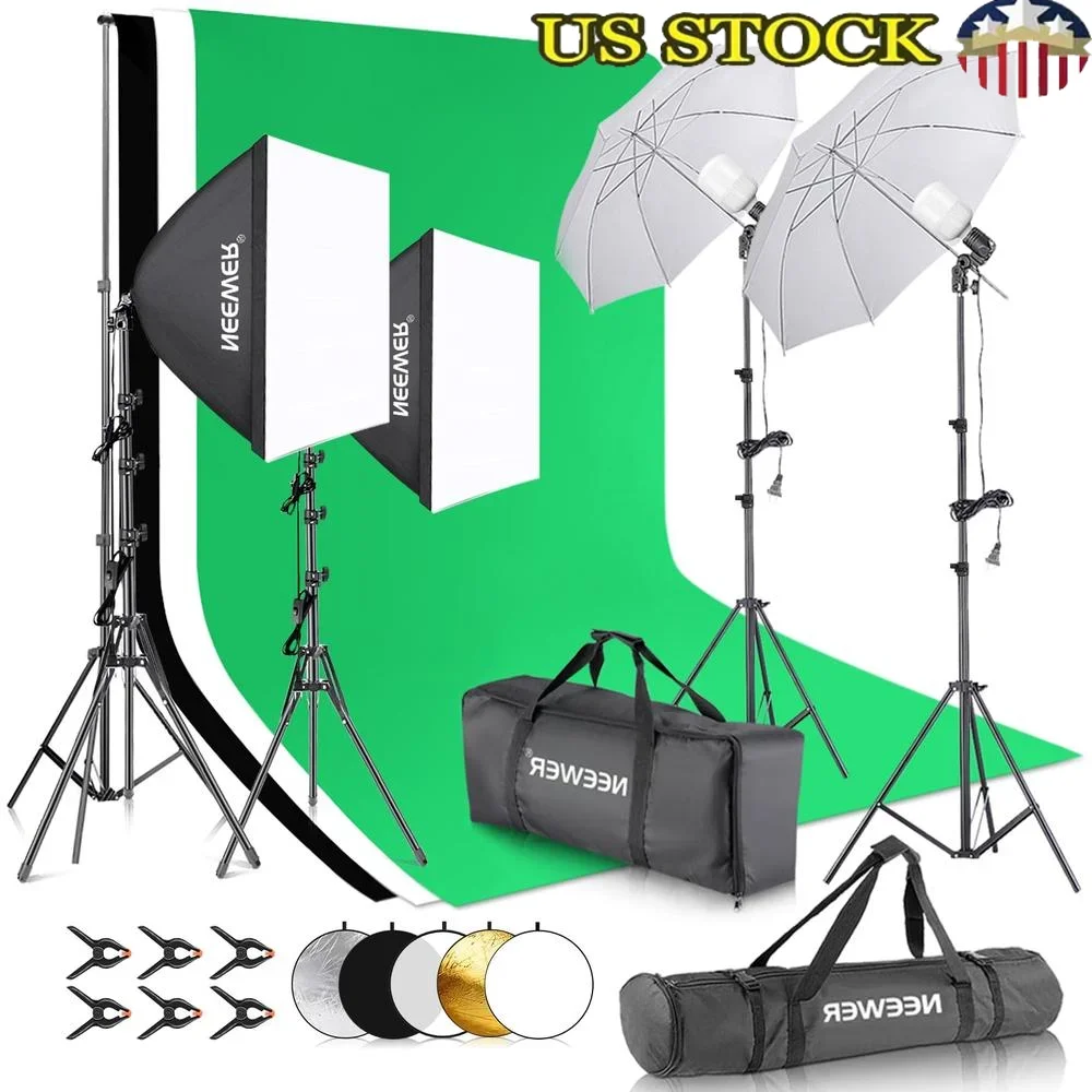 Professional Studio Lighting Kit Softbox Umbrellas Backdrop Stands LED Bulbs Clamps Carry Bags