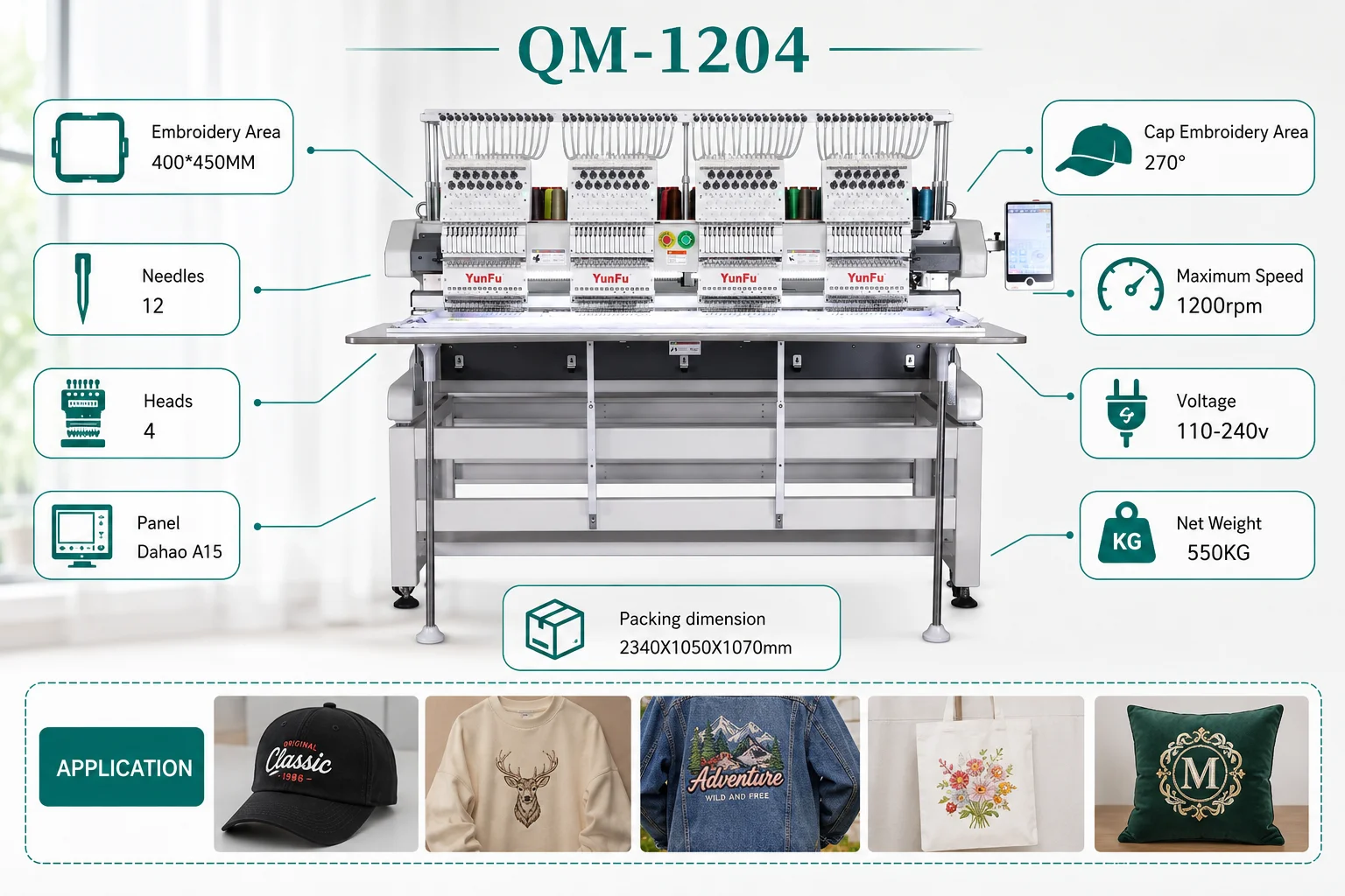 Fully Automatic 4 Heads Embroidery Machine 12/15 Color Computerized Multi-head Embroidery Machine for Sale