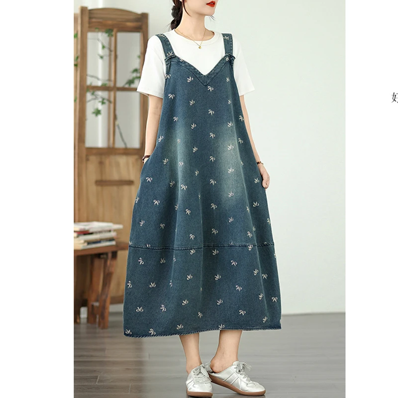 Robe en jean à bretelles pour femmes, sans manches, col en V, ample, décontractée, surdimensionnée, Y2K, Harajuku, avec nœud brodé, poche, robe mi-longue