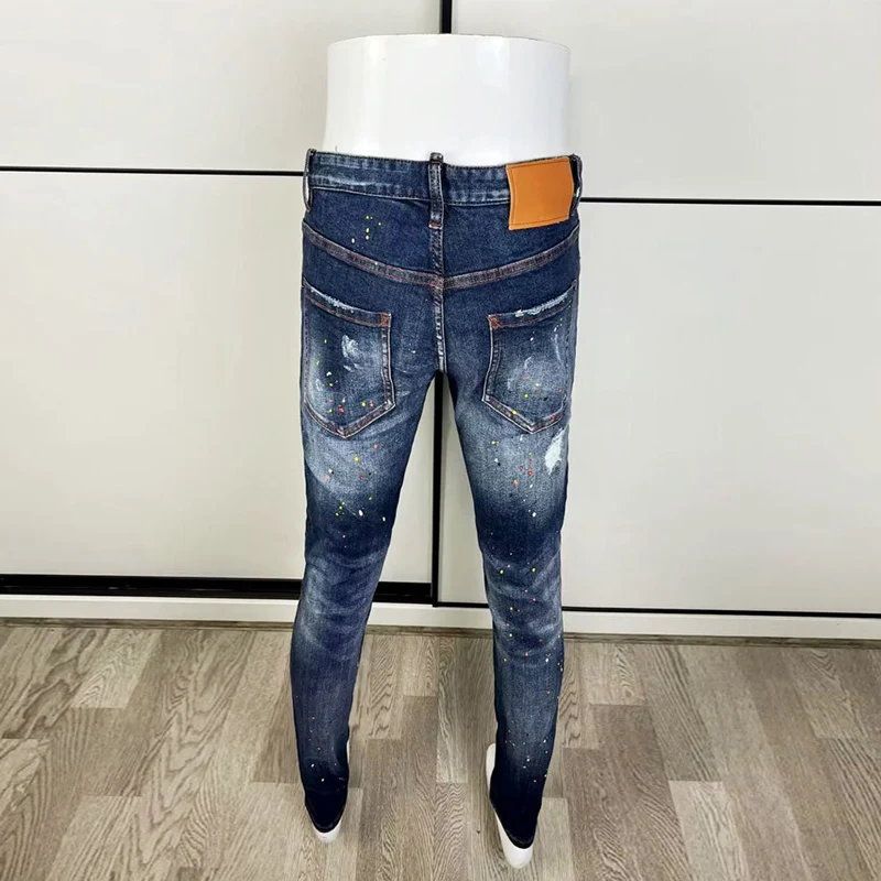 Street Fashion Men Jeans High Quality Vintage Blue Stretch Slim Fit Patched Ripped Jeans Men Painted Designer Brand Denim Pants