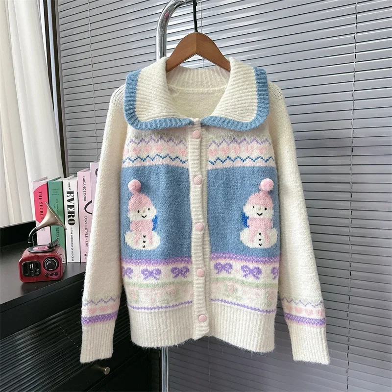 Cardigan jacquard bonhomme de neige de Noël pour femmes, pull à manches longues, vêtements à boutonnage simple, vêtements d'extérieur, automne, hiver