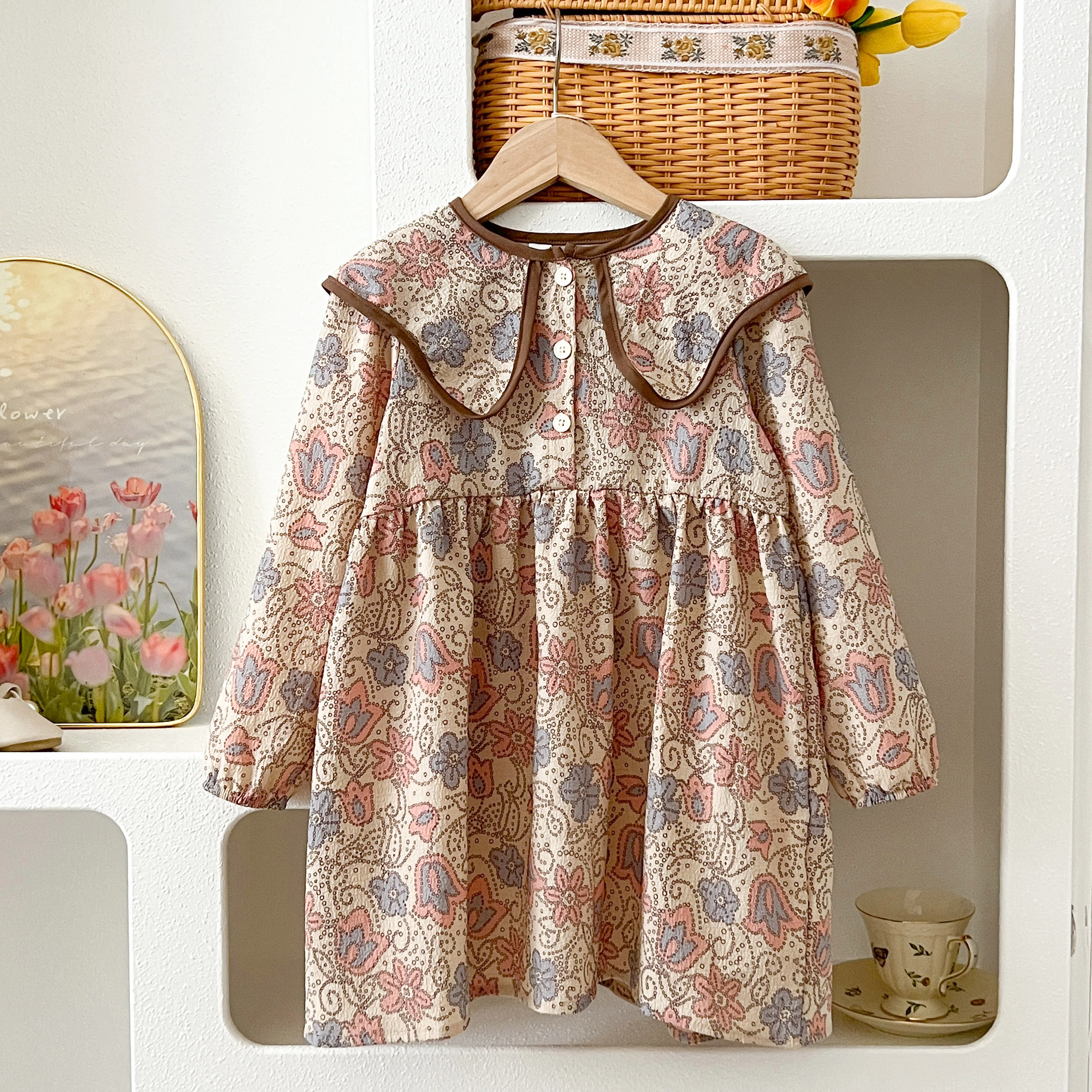 Koreanisches Mädchenkleid Herbst Puppenkragen Blumendruck Langarm Freizeitkleid Kinder Alltags-Freizeitkleidung – Detail 2