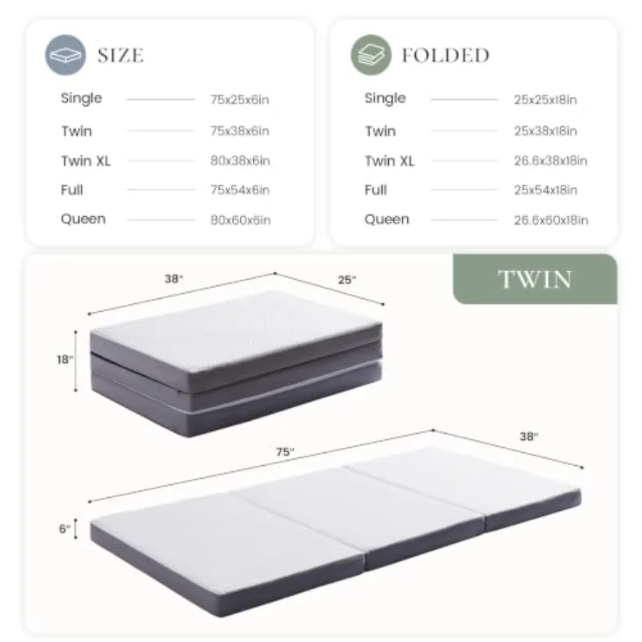 Trifold Memory Foam Mattress with Washable Cover Foldable Floor Bed for Camping, Guest Room, Home RV Use Compact Tri-Folding De