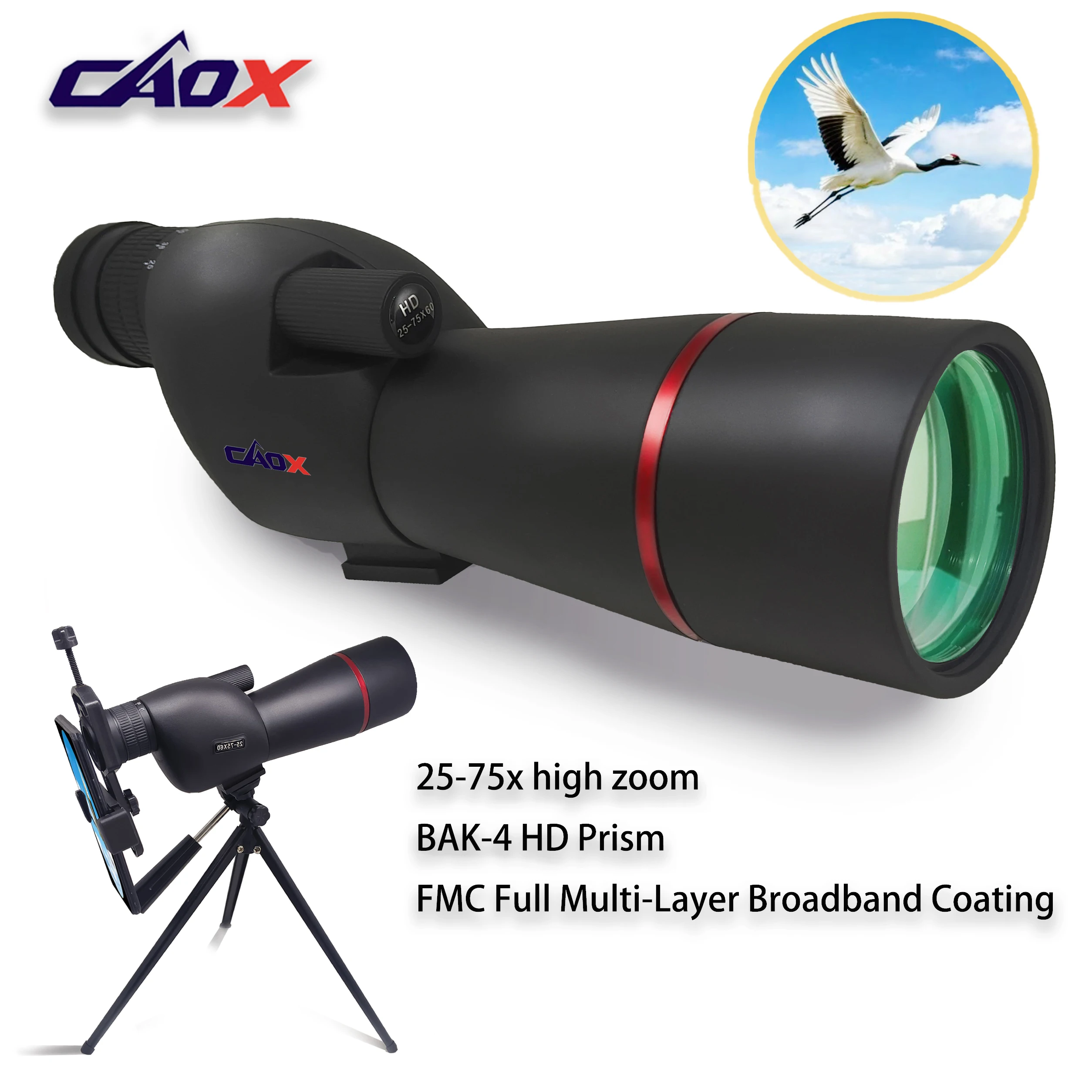 CAOX 25-75 High Power Zoom Telescope Spotting Scope Wide Field Monocular with Phone Adapter and Tripod for Bird Watching Camping