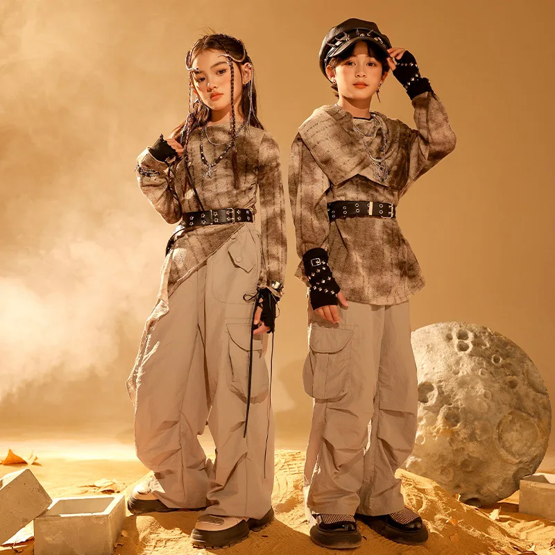 طفل القفار نمط الهيب هوب الملابس القهوة المتعثرة أعلى رمادي عارضة السراويل البضائع واسعة لفتاة صبي الجاز ملابس رقص الملابس #2