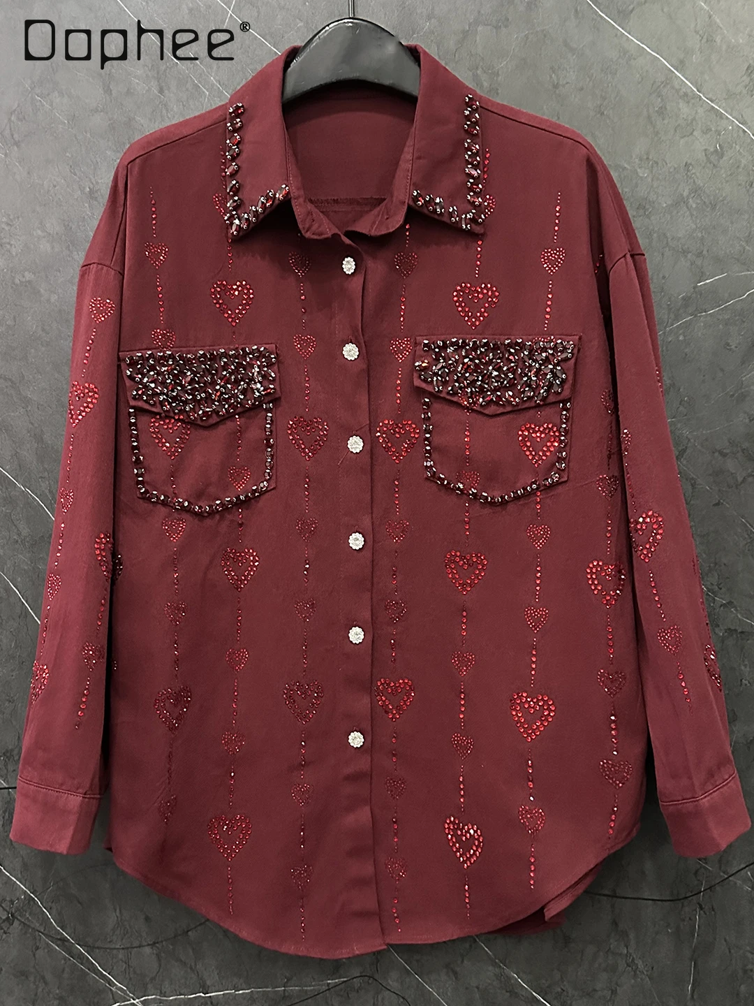 

2025 Autumn New Heavy Industry Rhinestone Heart Long Sleeve Shirt Jacket Women Loose Casual Fashion Polo Neck Top Jacket