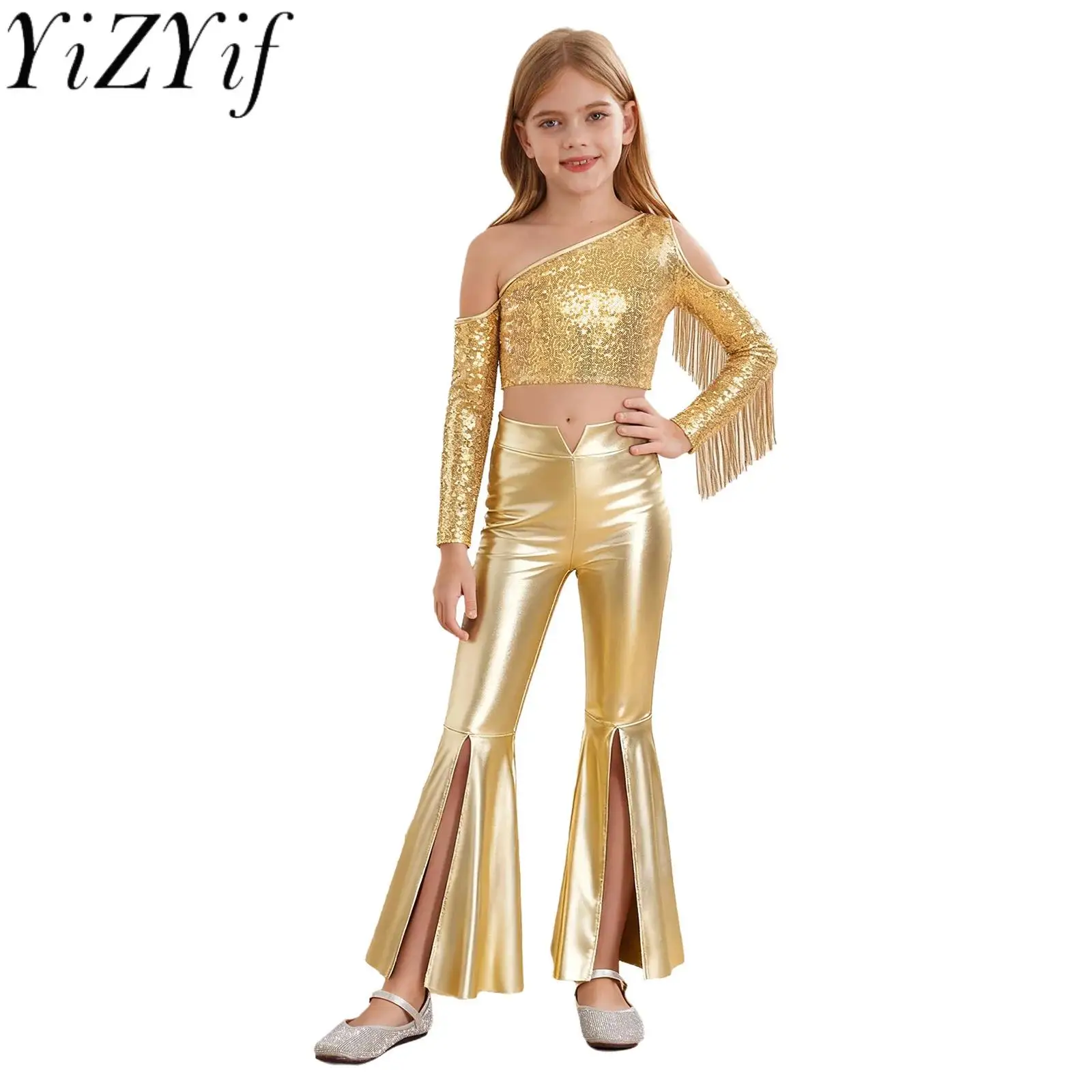

#6-16 Kids Girls Pageant Performance Costume Long Sleeve Tassels Sequins Crop Top with Metallic Pants for Jazz Tango Dancewear