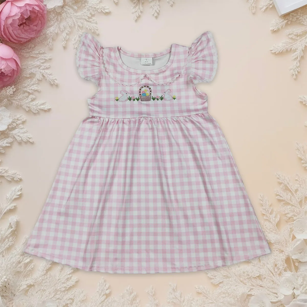 

Baby Girl Embroidery Bunny Rabbits Eggs Pink Checked Easter Knee Length Dresses Comfortable Clothing Fashion Clothes Wholesale