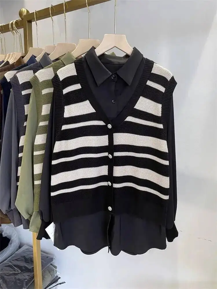 

Весенне-осеннее Новое поступление, свободный шикарный полосатый вязаный свитер с длинными рукавами, рубашка с коллажем для женщин