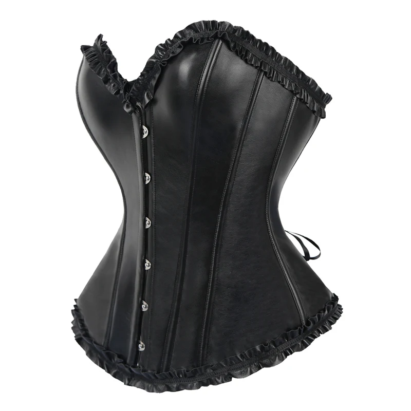 Fashion PU Leather Overbust Corset Bustier Tops for Women Sexy Lace Up Black Gothic Basque Corselet Korset Lingerie