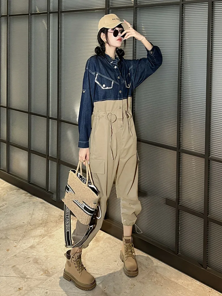 Women Denim Jumpsuit Long Sleeve Drawstring Slim Straight Jeans One Piece Overalls Heavy industry Rhinestone stitching Jeans